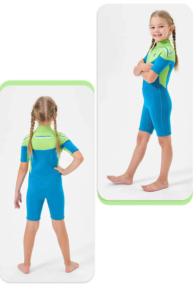 Thermal Neoprene Kids Wetsuit – Short Sleeve Zip Suit for Swimming, Surfing & Snorkeling